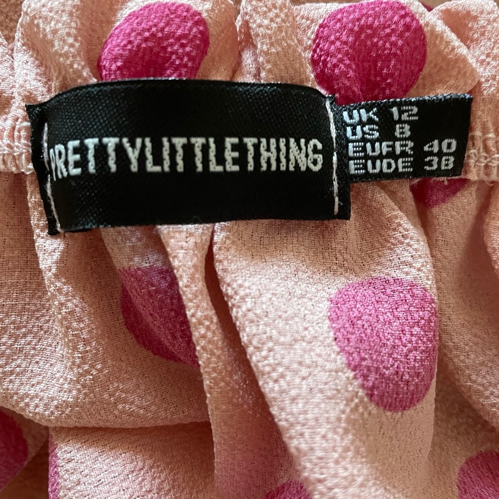Pretty Little Thing Dusty Pink Polka Dot Bardot Tie Waist Shift Dress - Picture 8 of 9